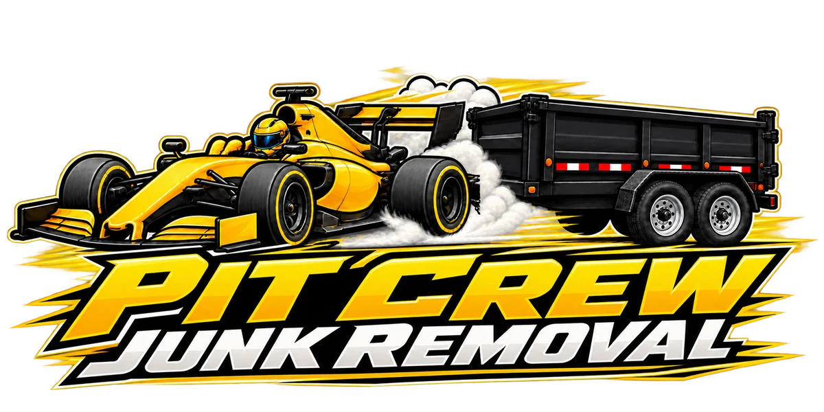 Pit Crew Junk Removal logo: a yellow open-wheel race car towing a black dump trailer through burnout smoke